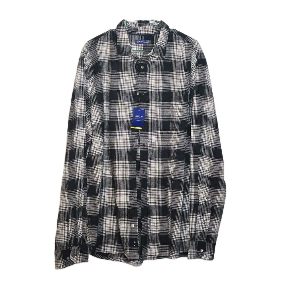 APT. 9 Men's 3XLT Plaid Flannel Shirt Black Gray Long Sleeve Big Tall NWT